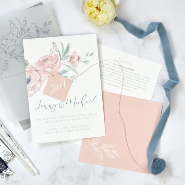 Watercolour peony wedding invitation