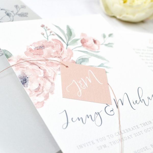 Watercolour peony wedding invitation