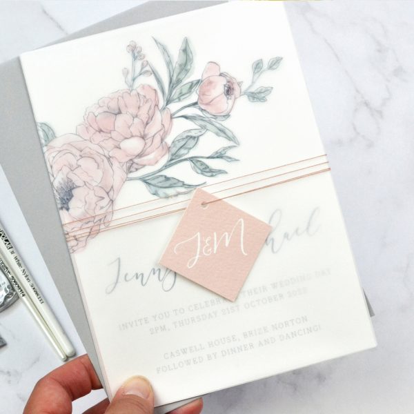 Watercolour peony wedding invitation