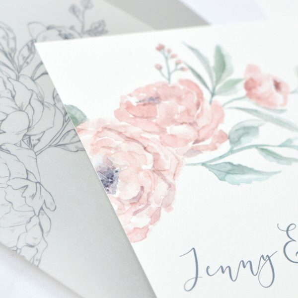 Watercolour peony wedding invitation