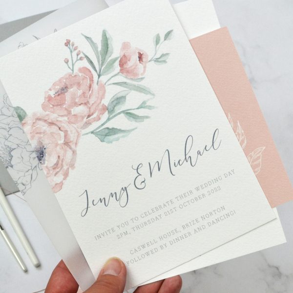 Watercolour peony wedding invitation