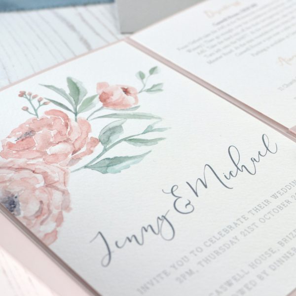 Pocketfold peony wedding invitation