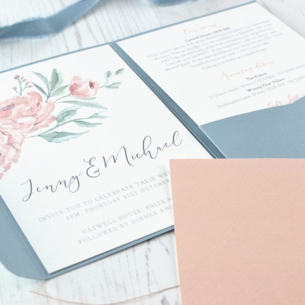 Pocketfold peony wedding invitation