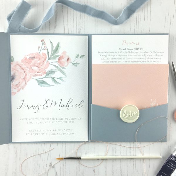 Pocketfold peony wedding invitation