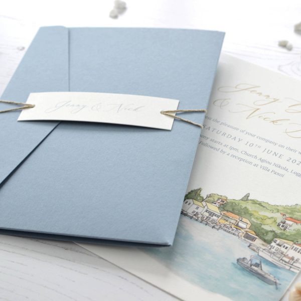 Destination wedding pocketfold invitation