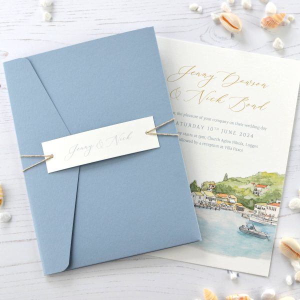 Destination wedding pocketfold invitation