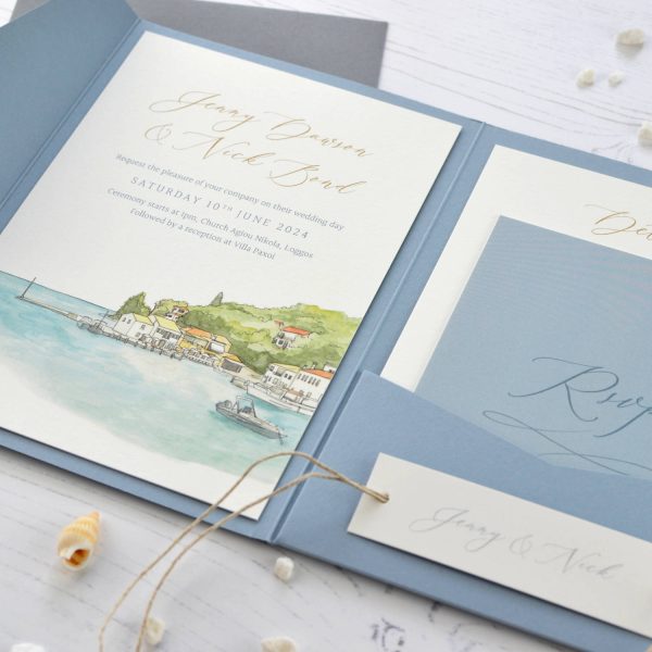 Destination wedding pocketfold invitation