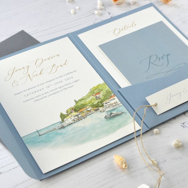 Destination wedding pocketfold invitation