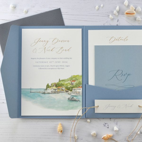 Destination wedding pocketfold invitation