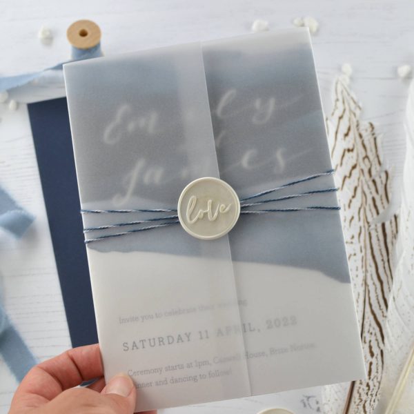 Watercolour vellum wedding invitation